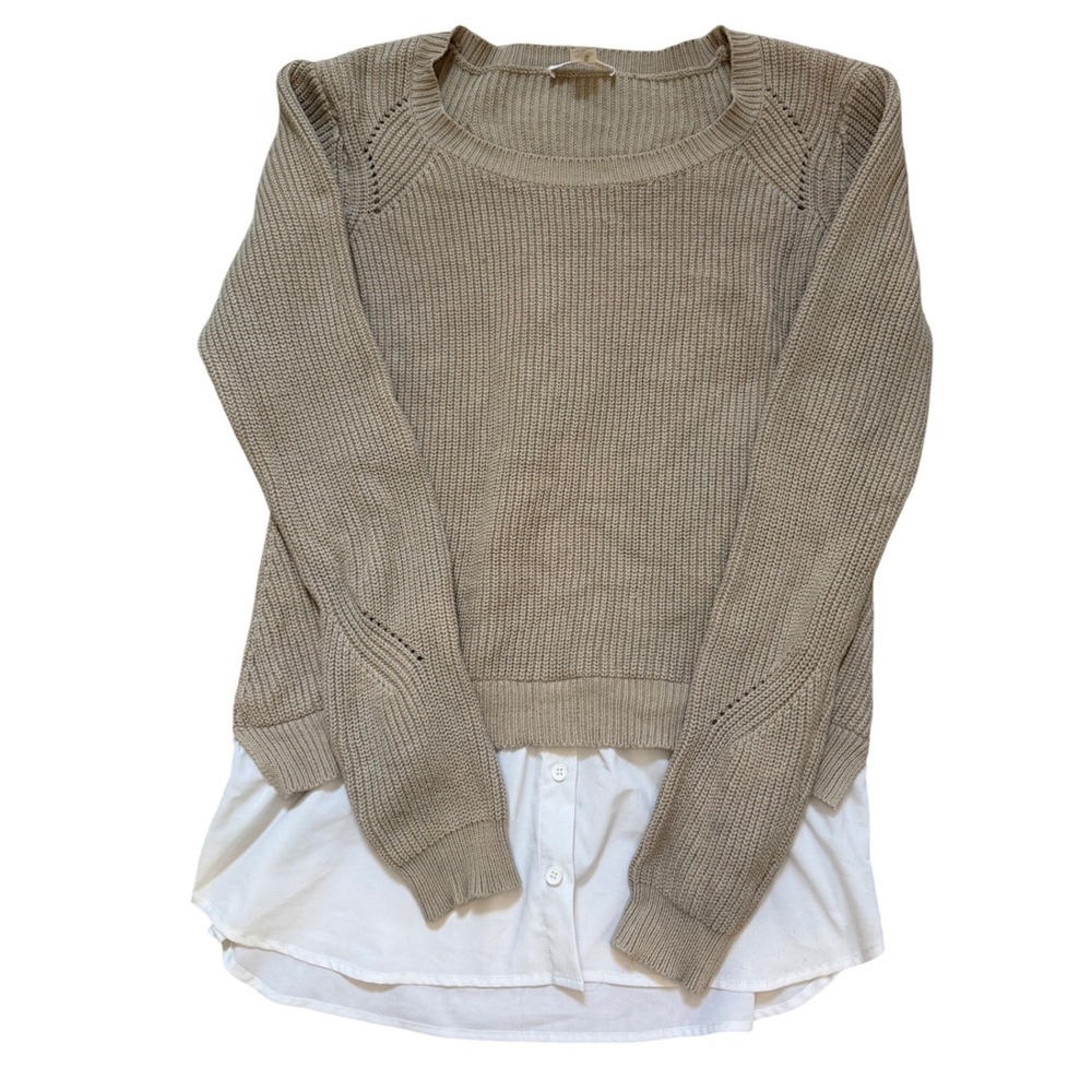 Dalia Womens Layered Look Knit Sweater Taupe Beige White Shirt Hem Medium
